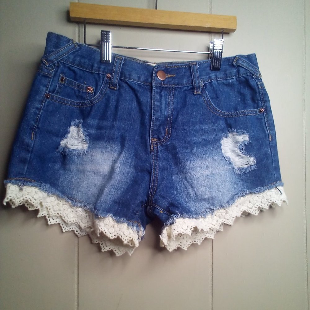Listicle Denim Shorts S Distressed Crochet Lace Trim Blue